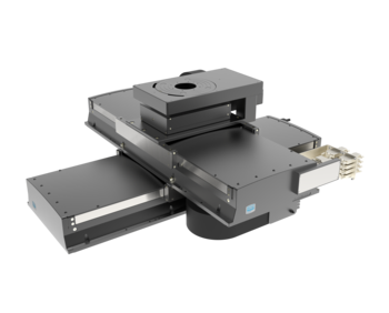 XY-Z-Phi positioning system with 66 mm aperture (clean room) | XY linear motor, profile rail | Z cross roller, ball screw drive | Phi belt, DC motor | Travel 450 x 350 x 16 mm x 45°